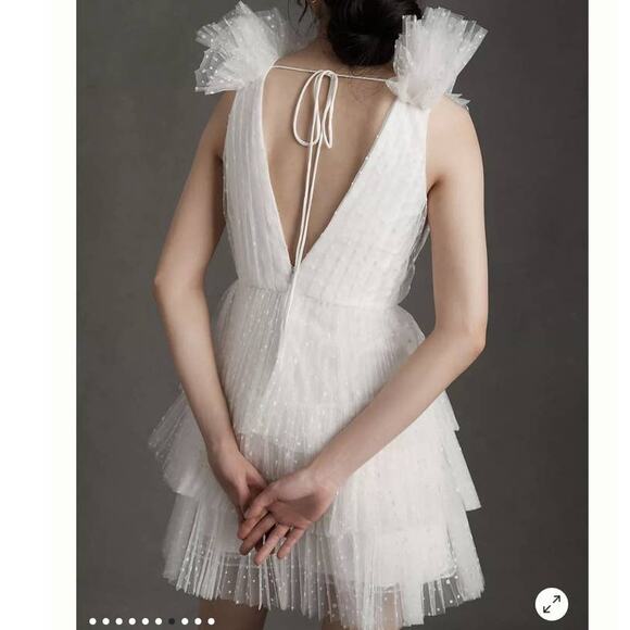 ML Monique Lhuillier Perrie Tiered Shoulder-Ruffle V-Neck Mini Dress Size 10 NWT - Picture 2 of 15